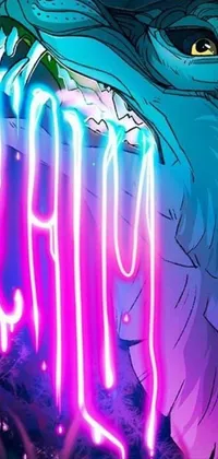 This live wallpaper showcases a stunning wolf with neon lights streaming from its mouth, juxtaposed against a vibrant background with a playful furry art style