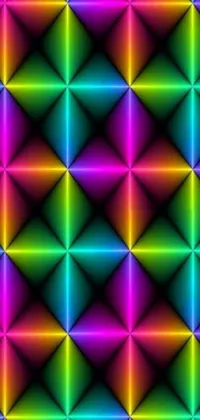 This stunning live wallpaper features a vibrant, multicolored pattern of squares and diamond-shaped elements on a sleek black background