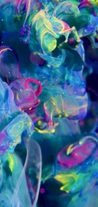 This live wallpaper for your phone displays an eye-catching close-up of a colorful liquid substance in psychedelic digital art style
