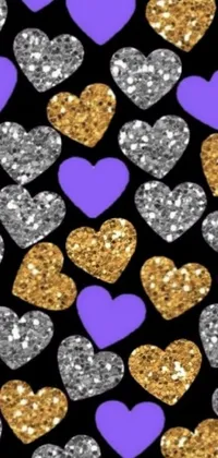This live wallpaper features a stunning design of purple and silver hearts on a black background