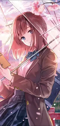 This phone live wallpaper showcases captivating anime artwork of a woman reading a book under an umbrella