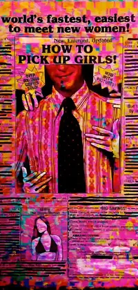 This phone live wallpaper features a unique collage of various elements including a newspaper advertisement, a pop art painting, flickr icon, mail art, girl in a pink dress, and a 3