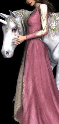 This phone live wallpaper portrays a beautiful pink-dressed woman standing besides a majestic white unicorn