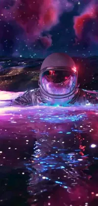 This live phone wallpaper features a captivating digital art image of an astronaut floating in a body of water with a blacklight aesthetic