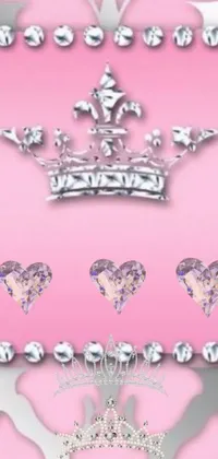 This stunning live phone wallpaper features a digital rendering of a diamond crown on a soft pink background with surrounding hearts