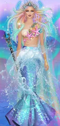 This enchanting phone live wallpaper showcases a beautiful mermaid barbie doll holding a water sword and wand, adorned in ice crystal armor