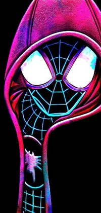 Looking for a striking and amusing live wallpaper for your phone? Look no further than this digital art masterpiece! Featuring a close up of a Spider-Man mask with a web pattern and spider emblem clearly visible, this wallpaper is sure to catch the eye of any superhero fan