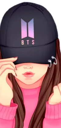 This phone live wallpaper showcases a digital art of a girl wearing a pink sweater and a black hat with a visor covering her eyes