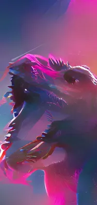 This phone live wallpaper features a digital painting of a dinosaur with its mouth wide open in a flat synthwave art style