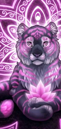 This live phone wallpaper features a stunning airbrush painting of a fierce tiger sitting in front of a colorful flower