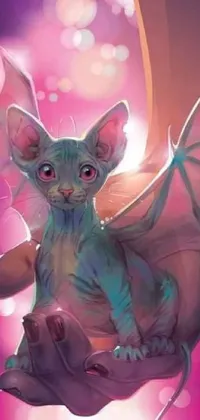 This phone live wallpaper features a digital painting of a furry cat with a bat on its back