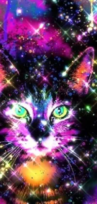 Experience the captivating charm of this colorful live wallpaper featuring a close-up shot of a cat with bright eyes embraced by psychedelic digital art