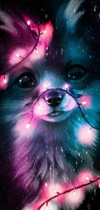 This phone live wallpaper showcases a digital art of an adorable pomeranian dog on a black background, featuring a furry texture and intricate details created solely through gradients