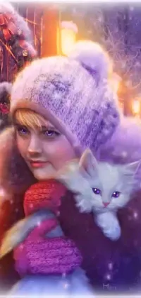 The live phone wallpaper is created using an airbrush painting of a girl holding a white cat, surrounded by a winter landscape with a purple ice statue and a Barbie doll, in vibrant and eye-catching colors