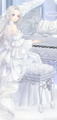 This live wallpaper features a stunning, detailed painting of a woman in a white dress sitting at a piano