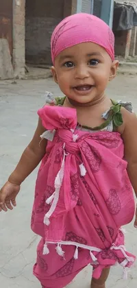 This stunning phone live wallpaper features an adorable toddler in a pink dress and hat
