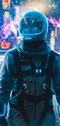 This phone live wallpaper showcases a man donning an iconic space suit while standing on a street in an urban city