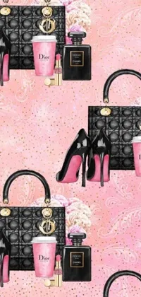 This vibrant live wallpaper for your phone displays an eye-catching set of women's shoes and handbags on a pink background