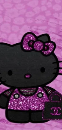 This live wallpaper features a close-up of Hello Kitty, surrounded by a pink background and accented with dark glitter and digital art elements