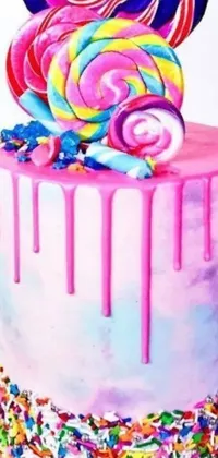 This colorful live wallpaper features a pastel cake on a wooden table and pop art with pink waterfalls and a lollipop