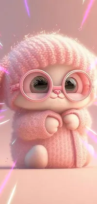 This phone live wallpaper showcases an adorable stuffed animal wearing glasses in a playful pink color scheme