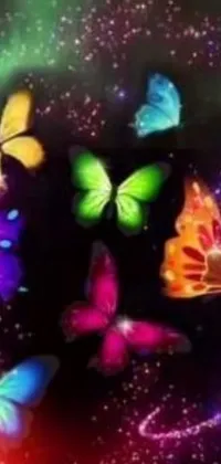 This phone live wallpaper features a stunning group of colorful butterflies in flight against a bright blue sky