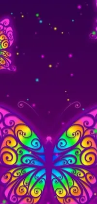 This phone live wallpaper features a group of vividly colored butterflies fluttering against a purple background