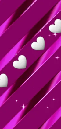 This vibrant phone live wallpaper showcases a cluster of white hearts set against a soft pink background, accentuated by lovely purple ribbons that curve elegantly around each heart