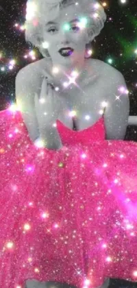 This live phone wallpaper features a stunning black and white photograph of a woman dressed in pink with neon sparkles scattered all around her, evoking a sense of glam and beauty