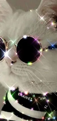 This phone live wallpaper features a colorful close-up of a cat wearing sunglasses against a sparkly white background