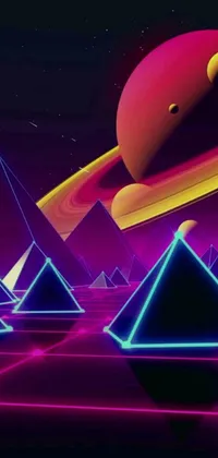 This live phone wallpaper showcases a group of pyramids set against a fascinating and mysterious planet in the distance