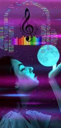 This phone live wallpaper features a stunning digital art image of a woman holding a blue moon in a starry night sky