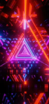 This live phone wallpaper features a captivating neon triangle set against a dark room, drawing inspiration from digital art and 80s outrun style