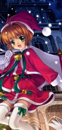 Bring the magic of Christmas to your phone with this stunning live wallpaper featuring a cute anime girl dressed in Santa Claus attire