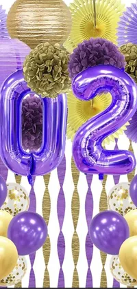 This lively phone live wallpaper features an abundance of purple and gold balloons and decorations set in the year 2150