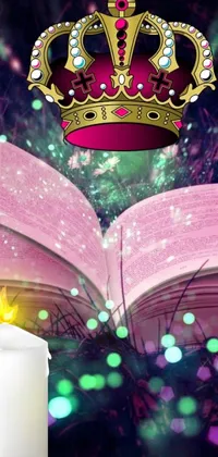 This phone live wallpaper showcases a charming scene where a candle illuminates a book with a crown on top of it