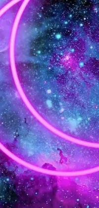 This phone wallpaper is a striking digital art creation featuring a pink neon crescent at the center of a galaxy