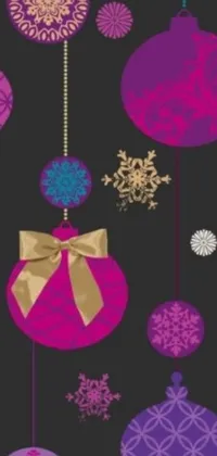 Add some holiday cheer to your phone with this vibrant and festive live wallpaper! The pattern features an array of colorful Christmas ornaments set against a sleek black background, rendered in a mesmerizing digital design