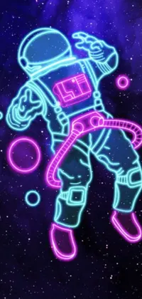 Experience an otherworldly sensation with our neon-themed live wallpaper featuring an astronaut propelling themselves through the boundless expanse of space, clutching onto a brilliant spiral galaxy