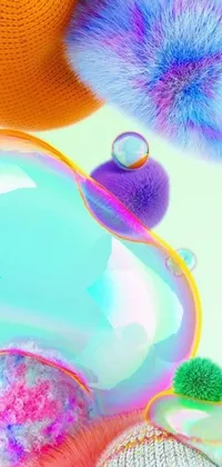 This live wallpaper features a digital art display of colorful balls floating in the air with iridescent, soapy bubbles, all surrounded by an ultrawide lens effect