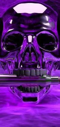 This phone live wallpaper boasts a vivid digital rendering of a purple skull with a cigarette, surrounded by metal reflections and bullet motifs