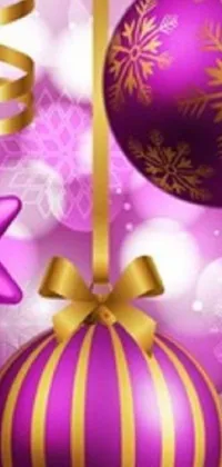 Get into the holiday spirit with this phone live wallpaper featuring a stunning purple and gold Christmas ornament set against a vibrant purple background
