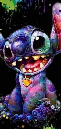 Get ready to add a touch of color and liveliness to your phone with this amazing live wallpaper! Featuring a stunning painting of stitch with a beautiful blend of digital art and graffiti on a black background, this wallpaper is sure to make a statement