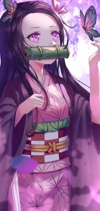 Download this captivating phone live wallpaper featuring a strong woman in a traditional kimono with a butterfly in her mouth holding naginata halberds