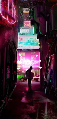 This live wallpaper showcases a dark alley illuminated with vibrant neon signs
