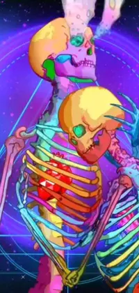 This live wallpaper features a digital rendering of two skeletons standing together in a cosmic and colorful scene