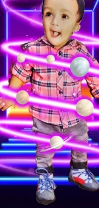 This phone live wallpaper features a toddler standing before a neon frame, surrounded by digital art
