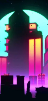 Looking for a dynamic phone live wallpaper? Check out this neon cityscape featuring tall buildings and skyscrapers against a backdrop of city ruins