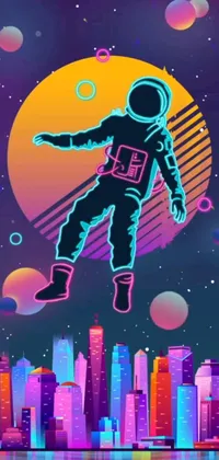 Decorate your phone with a mesmerizing live wallpaper featuring a cute astronaut floating above a city in space