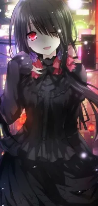 This phone live wallpaper features an anime drawing of a gothic girl standing in the snow on the streets of an urban city at night